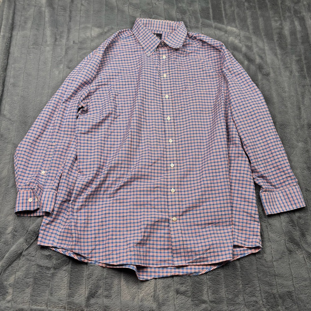 Stafford Travel Mens Big 18.5 34-35 Blue Red Plaid Wrinkle Free Oxford Shirt